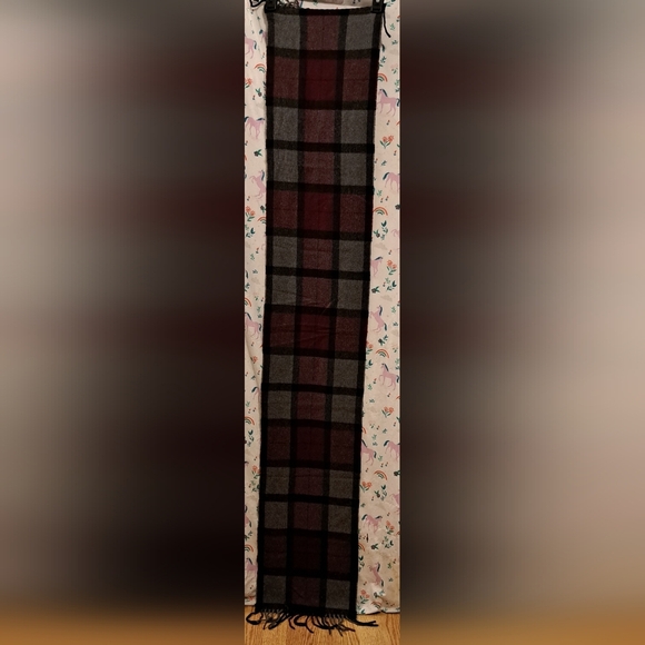 Vintage Maroon & Grey Plaid Merino Wool Casual Unisex Scarf Wrap w/ Fringe - Picture 5 of 7